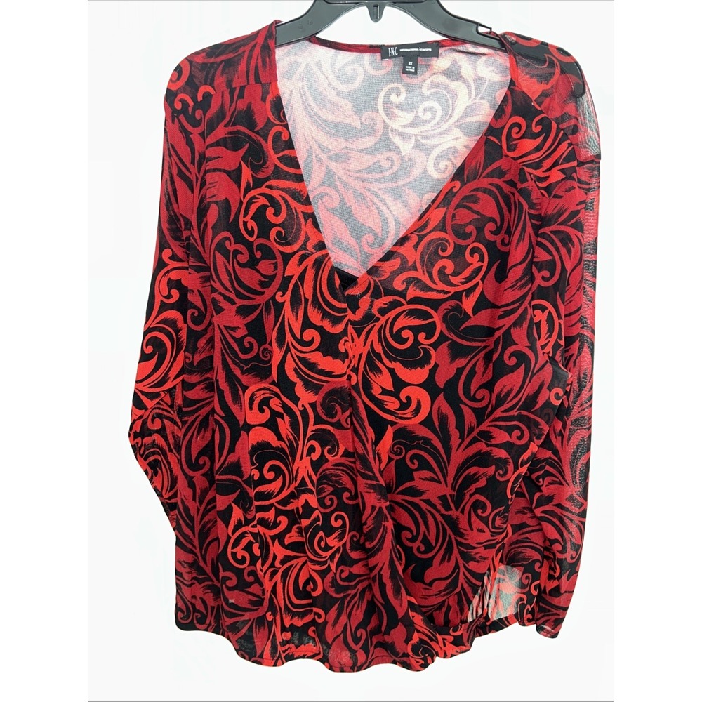 INC Women's 3X International‎ Concepts Red Black Floral Sheer Long Sleeve Blouse